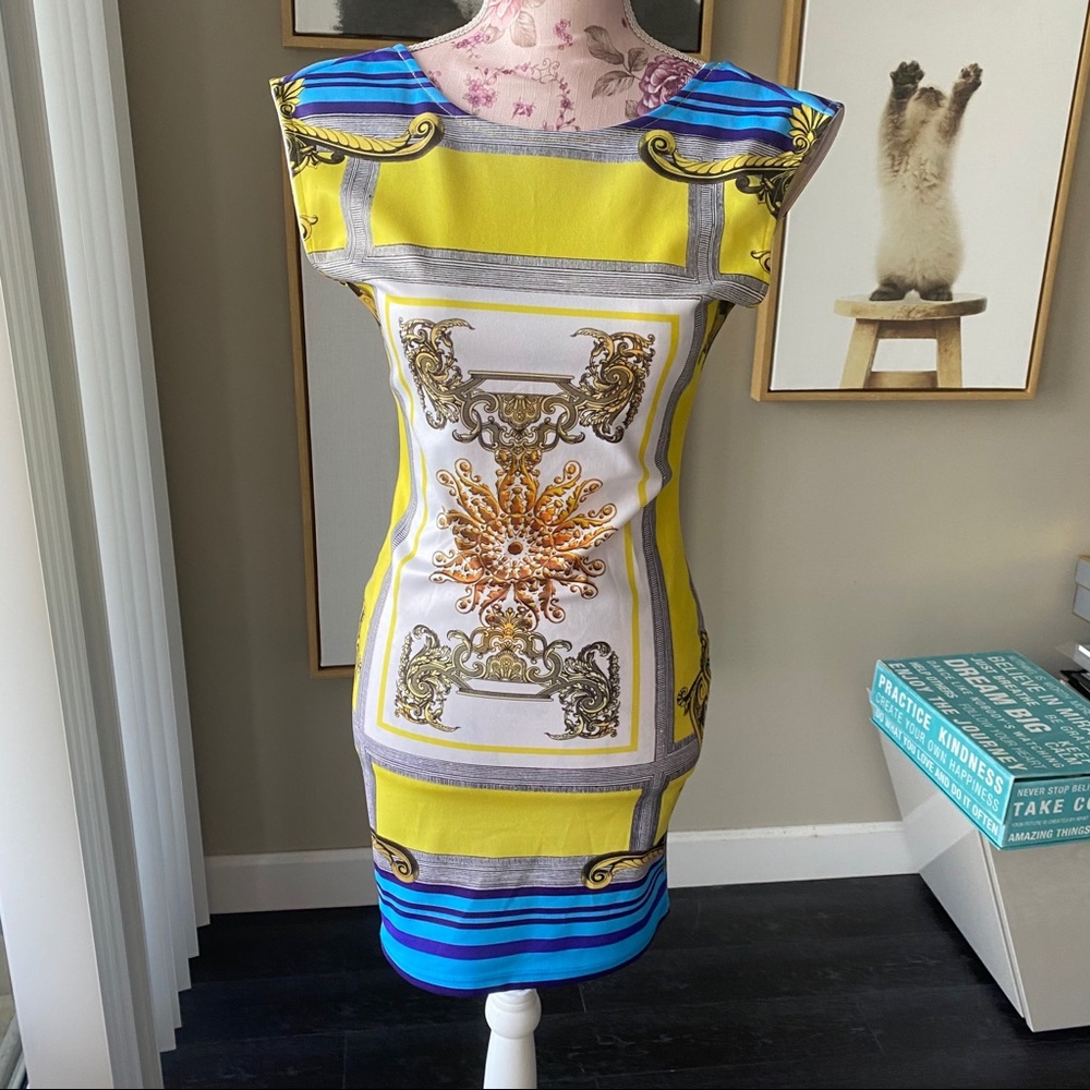 Antique gold blue Versace style print dress S